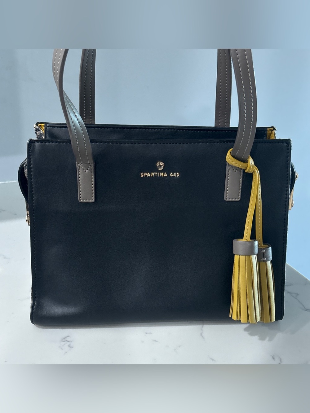 SPARTINA 449 Romy Tote Black Leather Herringbone Linen Mustard Tassels Gray